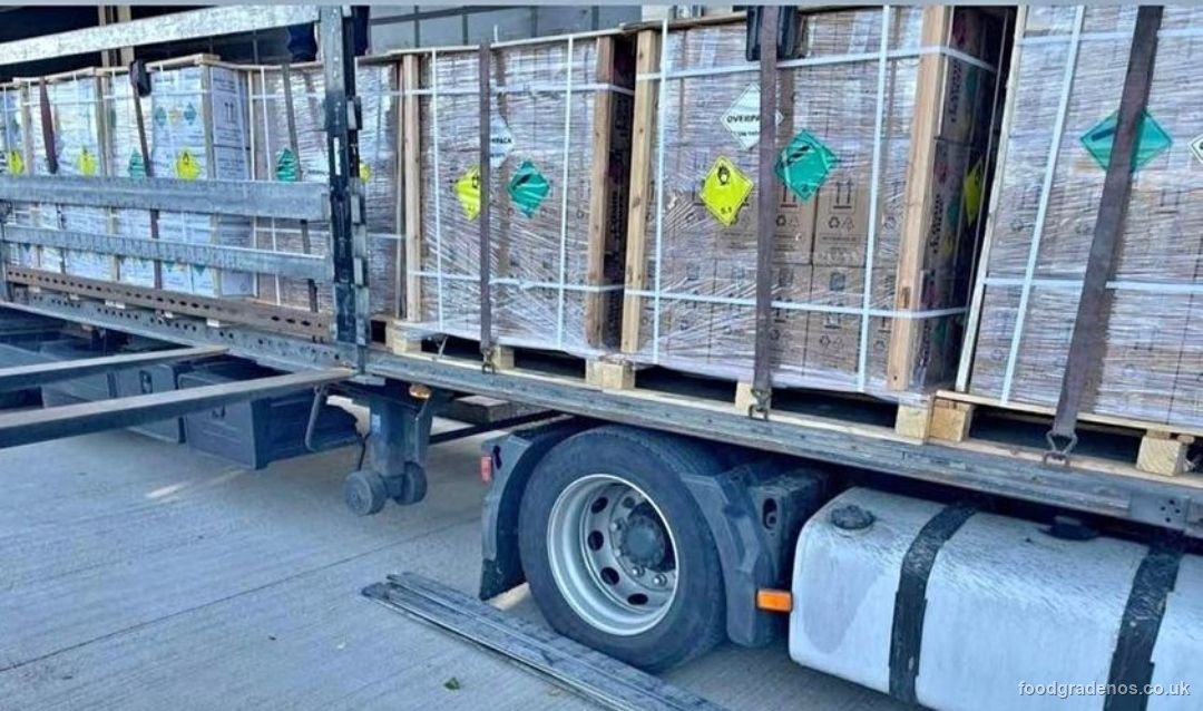 Pallets of food-grade N₂O loaded onto a delivery lorry for next-day UK dispatch